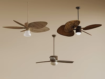 Three Modern Ceiling Fans With Wooden Blades And Unique Design Styles 3d model
