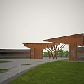 Wooden Entrance Gate With Modern Design Traditional Roof And Green Lawn Landscape