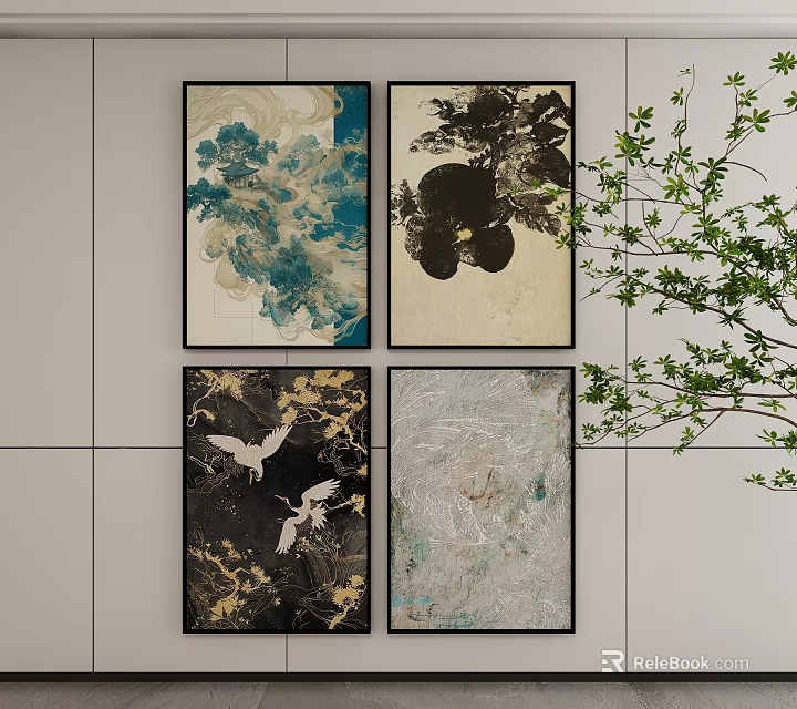 Four Abstract Paintings Hanging on Wall with Blue Black White Gray Patterns and Green Decor 3d model 
