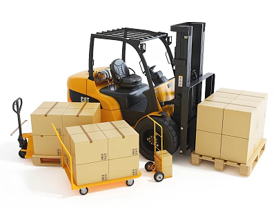 Industrial Equipment for Material Handling with Forklift Cardboard Boxes Hand Trolley and Pallets 3d model