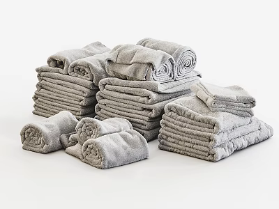 Gray Towels Collection Folded and Rolled in Various Sizes for Bathroom Use 3d model