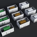 Industrial Storage Containers With City Skyline Patterns Holding Colored Rectangular Blocks 3d model