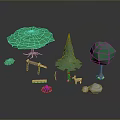 Low Poly Forest Elements With Trees Deer Campfire Stones And Wooden Signpost 3d model