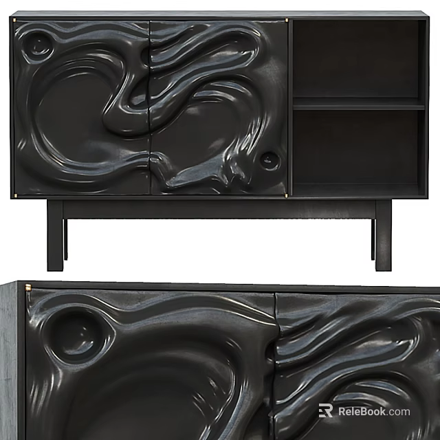 Sleek Black Console Side Cabinet With Modern Carved Wave Pattern And Storage Shelves 3d model