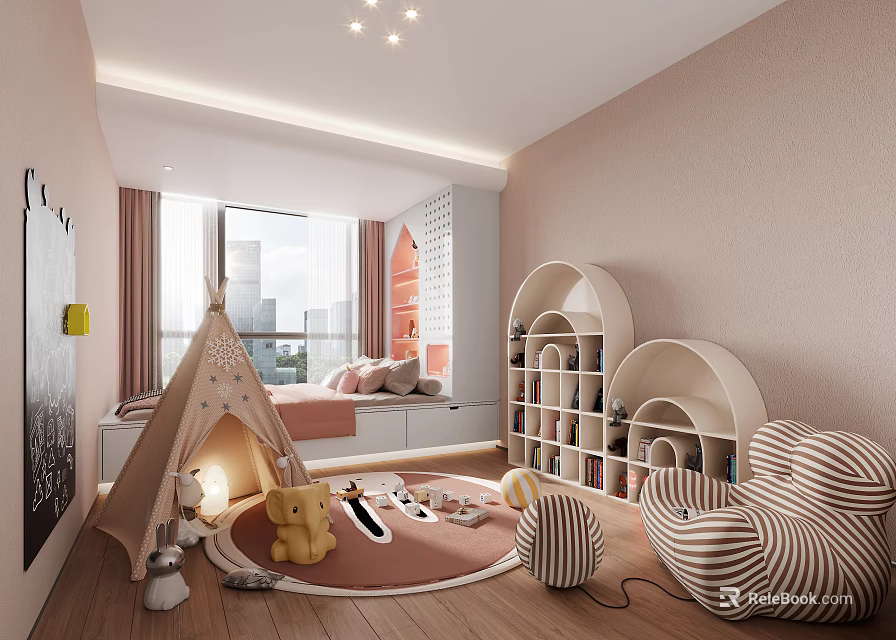 Kids Tatami Bedroom Interior With Teepee Tent Toys Shelves And Striped Chairs 3d model 