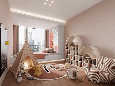 Kids Tatami Bedroom Interior With Teepee Tent Toys Shelves And Striped Chairs 3d model