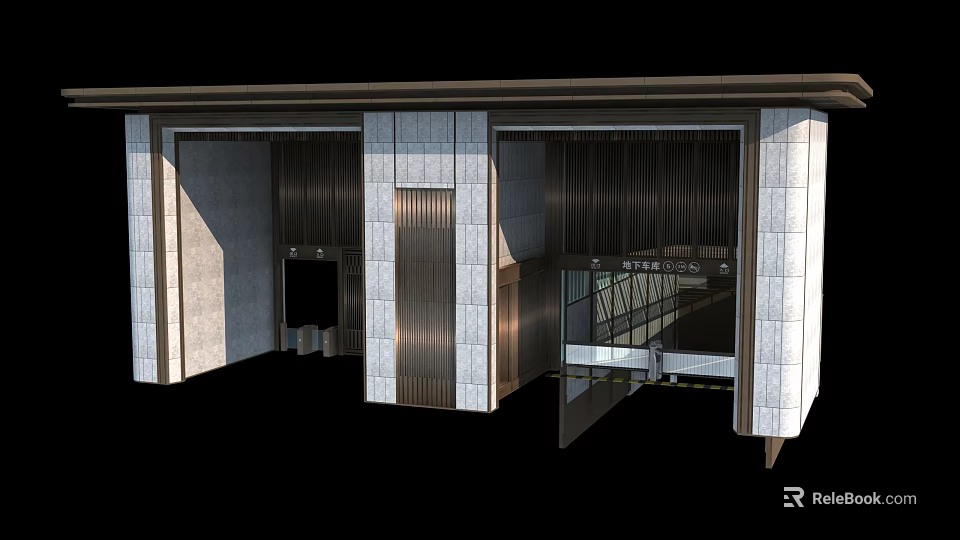 Modern Entrance Gate Design With Stone Columns And Metal Panel Details 3d model 