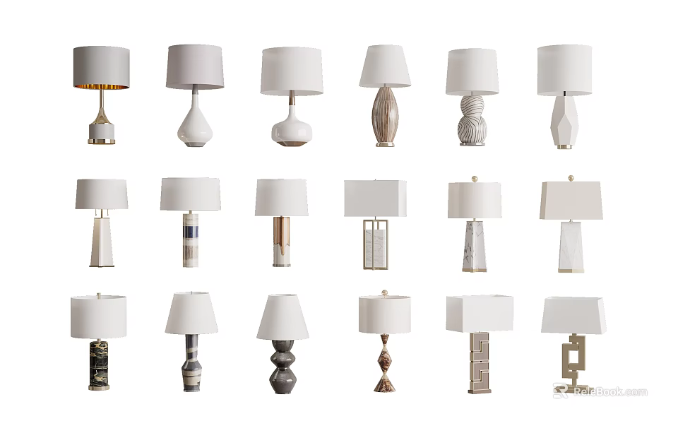Various Modern Table Lamps With Different Base Designs And White Shades 3d model