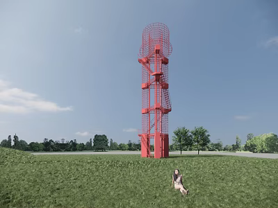 Red Spiral Observation Tower In Green Grassland With Trees And Open View 3d model