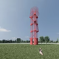 Red Spiral Observation Tower In Green Grassland With Trees And Open View