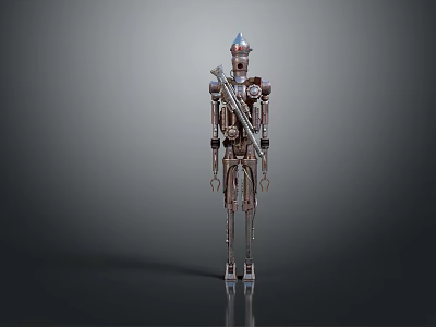 Metallic Humanoid Robot with Mechanical Structure Holding Weapon in Standing Pose on Reflective Gray Floor 3d model