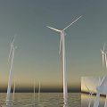 Offshore Wind Turbines with Rotating Blades on Calm Water Surface at Sunset