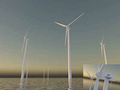 Offshore Wind Turbines with Rotating Blades on Calm Water Surface at Sunset 3d model