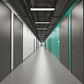 Elevator Hallway With Teal Walls Dark Doors Sleek Gray Floor And Ceiling Lights