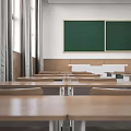 School Classroom Interior With Desks Chairs Blackboard Green Walls And Windows