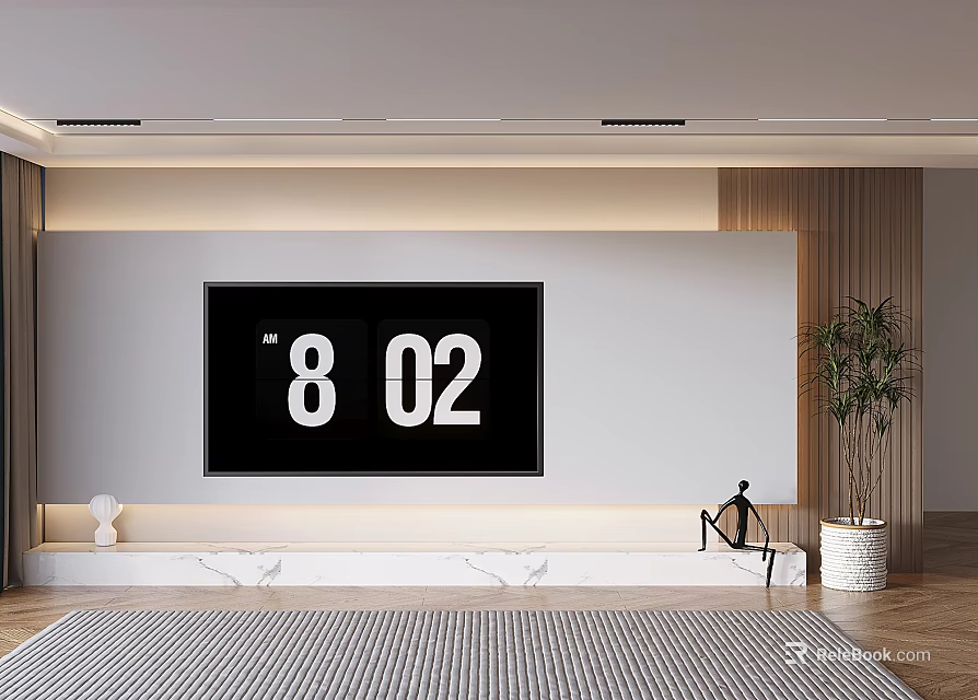 Minimalist Modern TV Background Wall With Digital Clock Plant And Ambient Lighting 3d model 