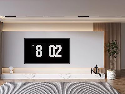Minimalist Modern TV Background Wall With Digital Clock Plant And Ambient Lighting 3d model