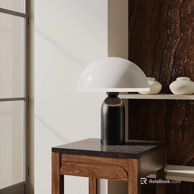 Modern Table Lamp With White Dome Shade Black Base On Wood Tabletop By Textured Wall 3d model 