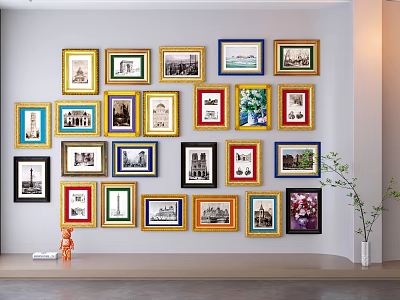 Abstract Paintings Framed With Various Colored Borders On Wall With Decorative Ornament And Plant 3d model