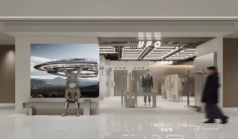 Modern Clothing Store Interior With UFO Signage Wall Poster Mannequins And Clothing Displays 3d model 