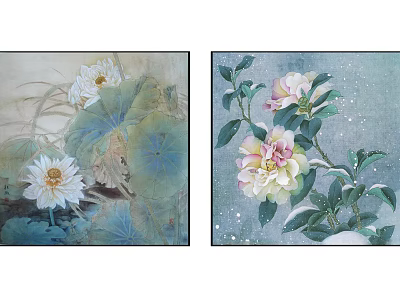 Botanical Plant Paintings Featuring Lotus And Pink Flowers With Green Leaves And Soft Tones 3d model