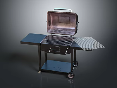 Outdoor Grill Cart with Open Lid Metal Grates Foldable Side Shelf and Wheels for Mobility 3d model