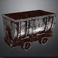Vintage Mine Cart Featuring Rusty Red and Gray Metal Body with Wheels on Dark Surface