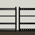 Black Metal Display Shelves with Multiple Layers Against Light Colored Wall and Wooden Floor
