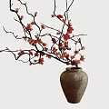 Terracotta Vase With Red Blooming Slender Branches And Natural Floral