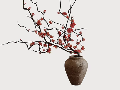 Terracotta Vase With Red Blooming Slender Branches And Natural Floral 3d model