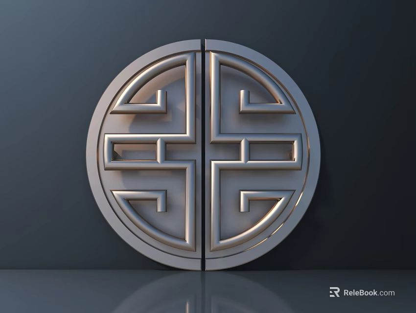 Silver Metal Circular Handle with Symmetric Geometric Pattern and Reflective Surface on Dark Background 3d model 