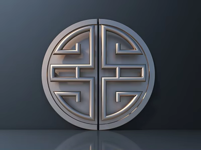 Silver Metal Circular Handle with Symmetric Geometric Pattern and Reflective Surface on Dark Background 3d model
