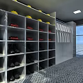 Modern Glass And Metal Modular Structure With Large Windows Shelves And Checkerboard Floor