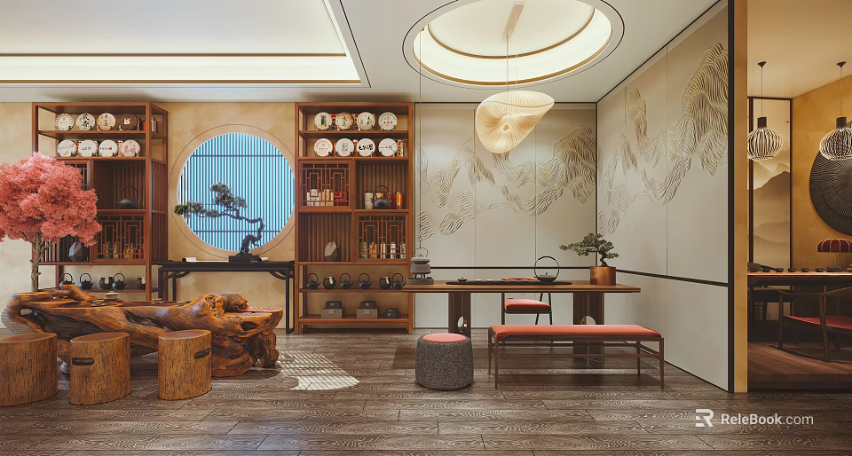Traditional Chinese Tea House With Round Lattice Window Wooden Tables And Landscape Painting Decor 3d model 