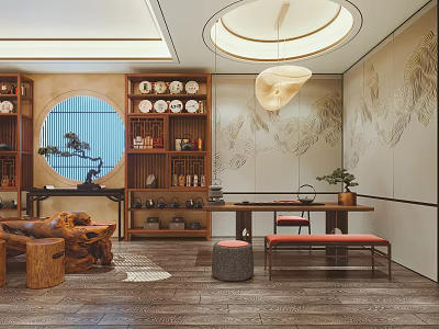 Traditional Chinese Tea House With Round Lattice Window Wooden Tables And Landscape Painting Decor 3d model