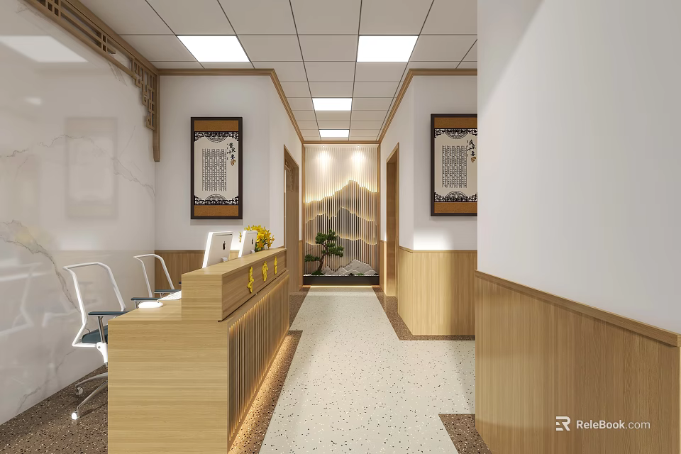 Elegant Reception Area Interior With Wooden Desk Chairs Decorative Paintings And Lighting 3d model 
