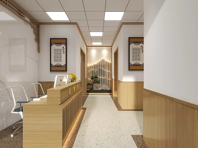 Elegant Reception Area Interior With Wooden Desk Chairs Decorative Paintings And Lighting 3d model