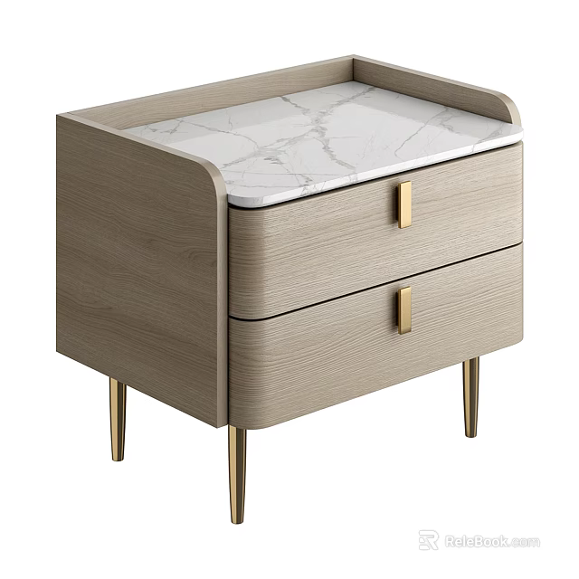 Wooden Nightstand With Marble Top Drawers And Gold Handles Legs In Modern Design 3d model 