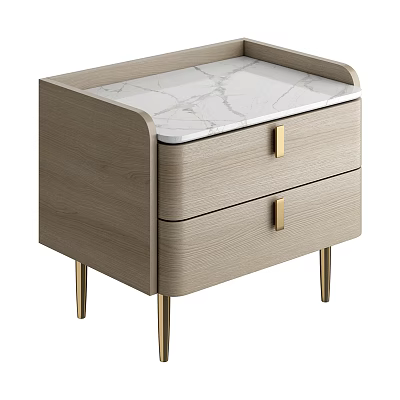Wooden Nightstand With Marble Top Drawers And Gold Handles Legs In Modern Design 3d model