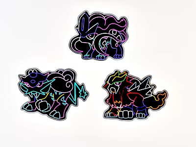 Colorful Cartoon Creature Stickers With Neon Design Fluffy Manes And Spiked Tails 3d model