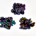 Colorful Cartoon Creature Stickers With Neon Design Fluffy Manes And Spiked Tails