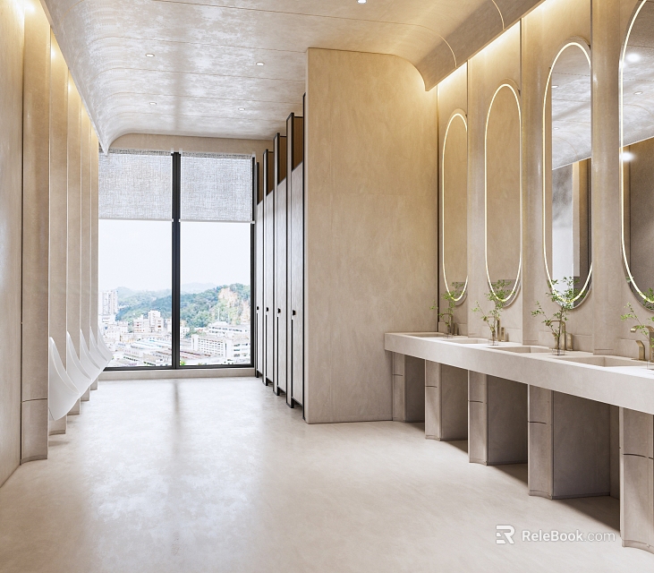 Modern Public Restroom Interior With Washbasins Mirrors And Large Windows 3d model 