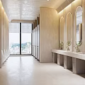 Modern Public Restroom Interior With Washbasins Mirrors And Large Windows