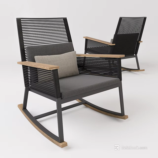 Modern Leisure Rocking Chair With Black Metal Frame Wooden Armrests And Gray Cushion 3d model 