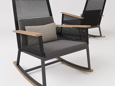 Modern Leisure Rocking Chair With Black Metal Frame Wooden Armrests And Gray Cushion 3d model