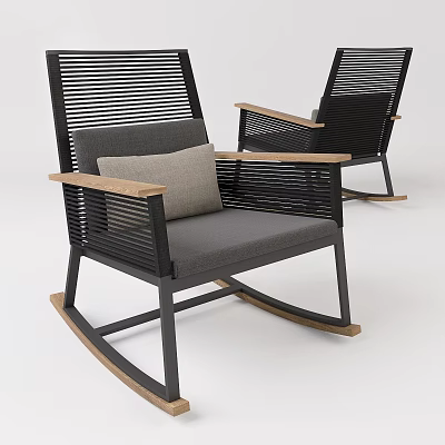 Modern Leisure Rocking Chair With Black Metal Frame Wooden Armrests And Gray Cushion 3d model