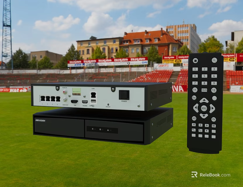 Black Audio System Players Stack With Remote Control On Stadium Grass 3d model 