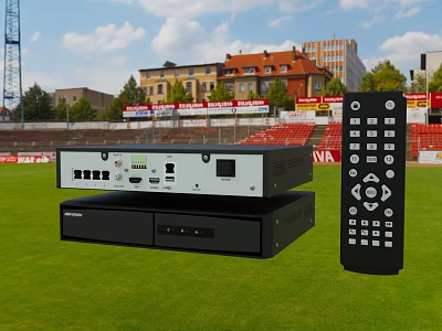 Black Audio System Players Stack With Remote Control On Stadium Grass 3d model