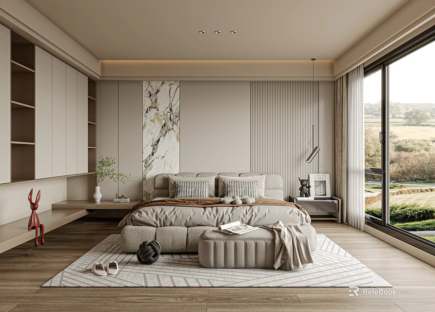 Modern Bedroom Interior With Bed Bench Marble Painting Rug And Floor To Ceiling Window 3d model 