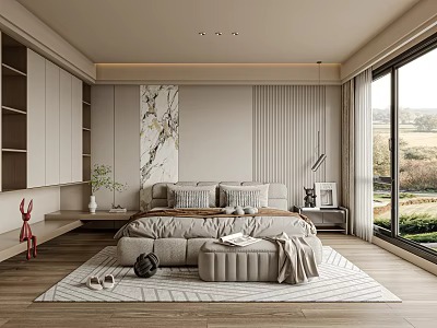 Modern Bedroom Interior With Bed Bench Marble Painting Rug And Floor To Ceiling Window 3d model